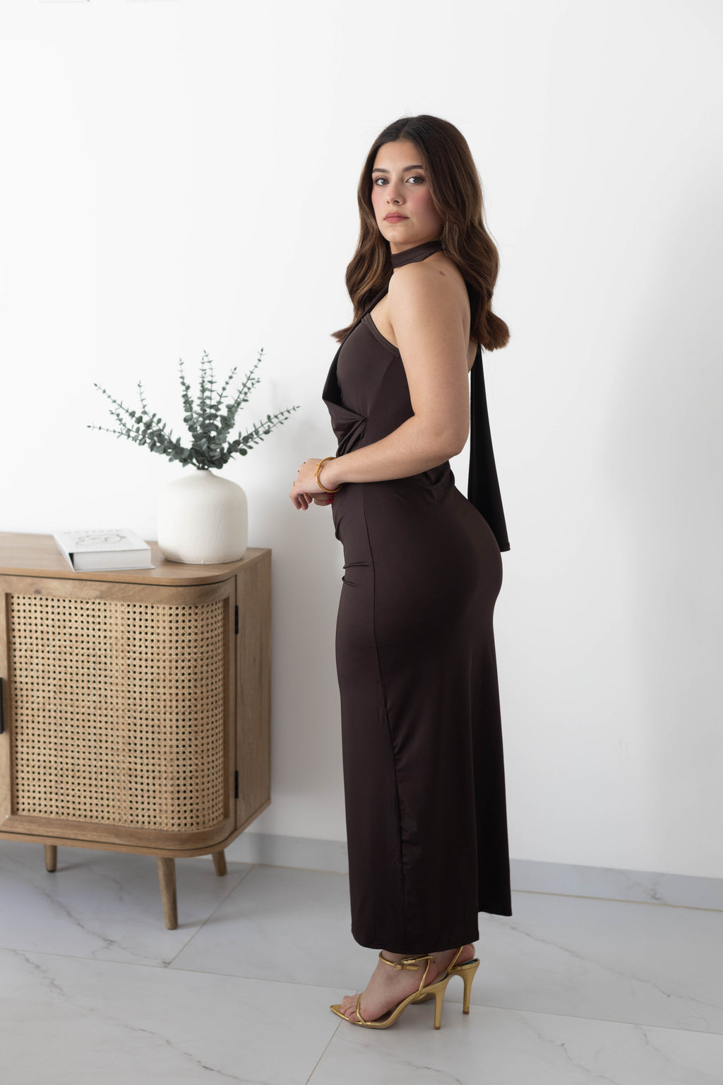 Vestido largo licra corbatín