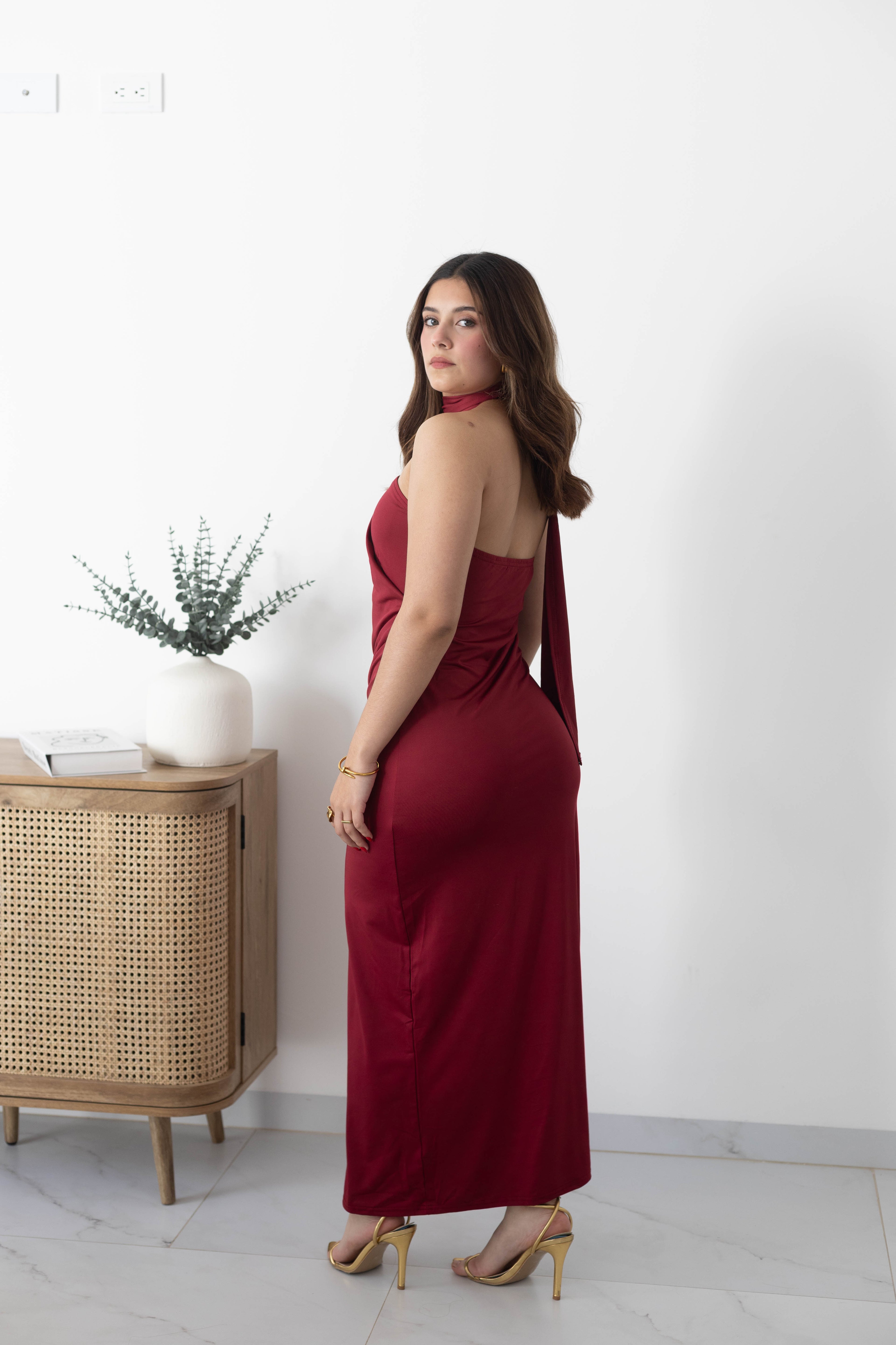 Vestido largo licra corbatín