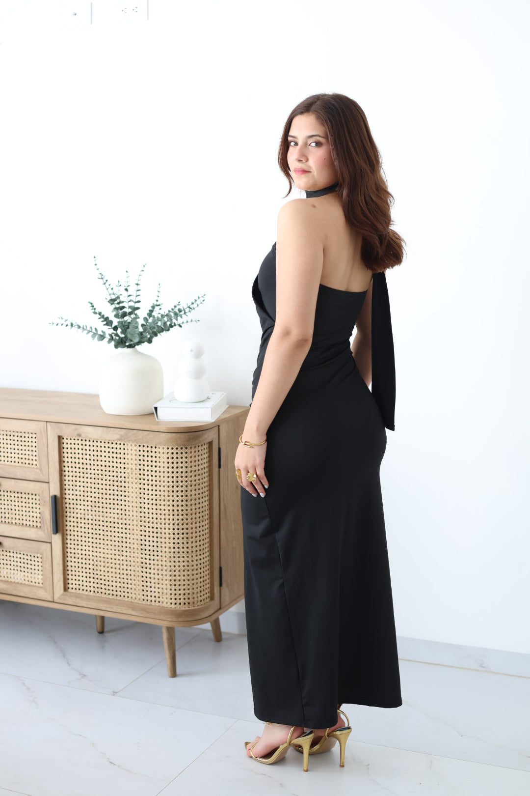 Vestido largo licra corbatín